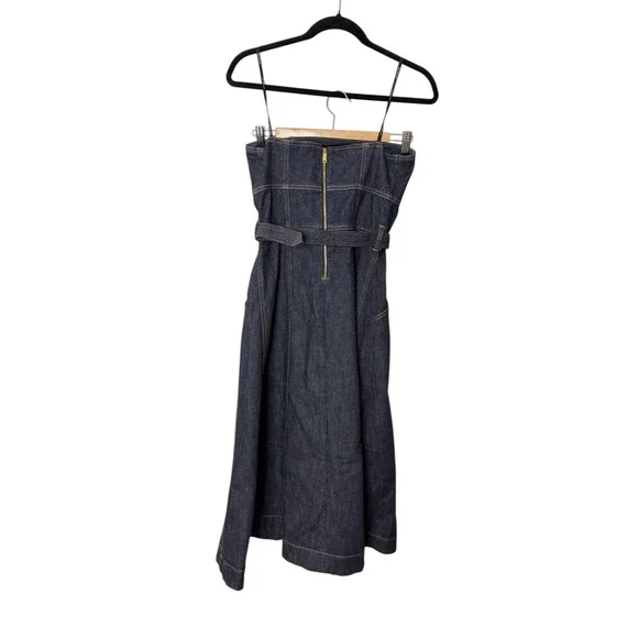 Self-Portrait Indigo Denim Bandeau Midi Dress Belted Dark Wash US 4 - Picture 5 of 11